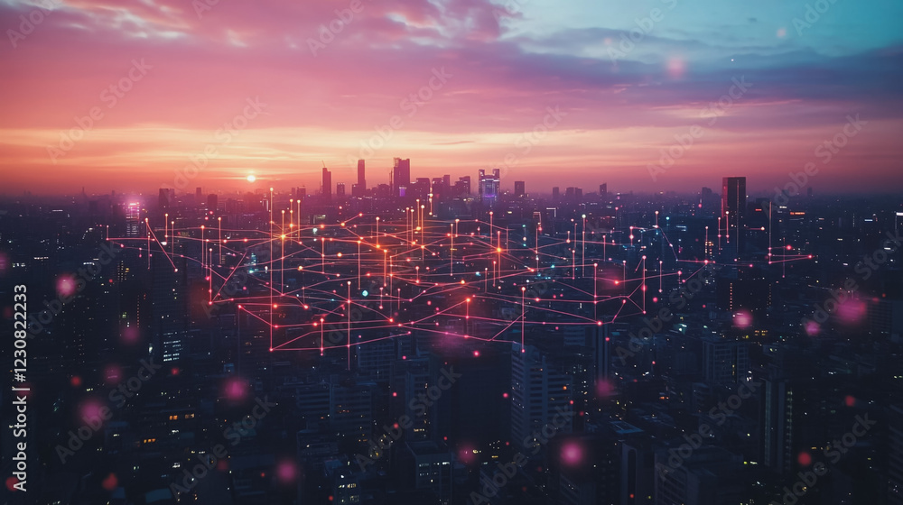 Abstract business man stands on Smart digital Innovation city with connection network reciprocity over the twilight cityscape. of future wireless digital city and social media networking systems Abstract business man stands on Smart digital Innovation city with connection network reciprocity over the twilight cityscape. of future wireless digital city and social media networking systems