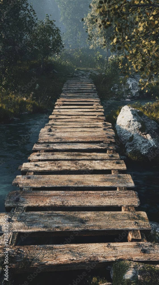 Obraz premium Wooden Bridge Through a Foggy Forest
