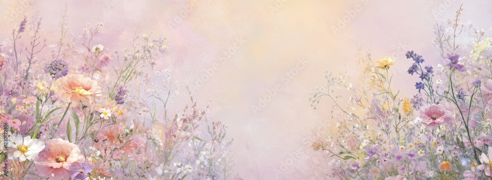 A pastel-colored background with delicate flowers in various shades of pink, purple, and yellow with space for text A pastel-colored background with delicate flowers in various shades of pink, purple, and yellow with space for text