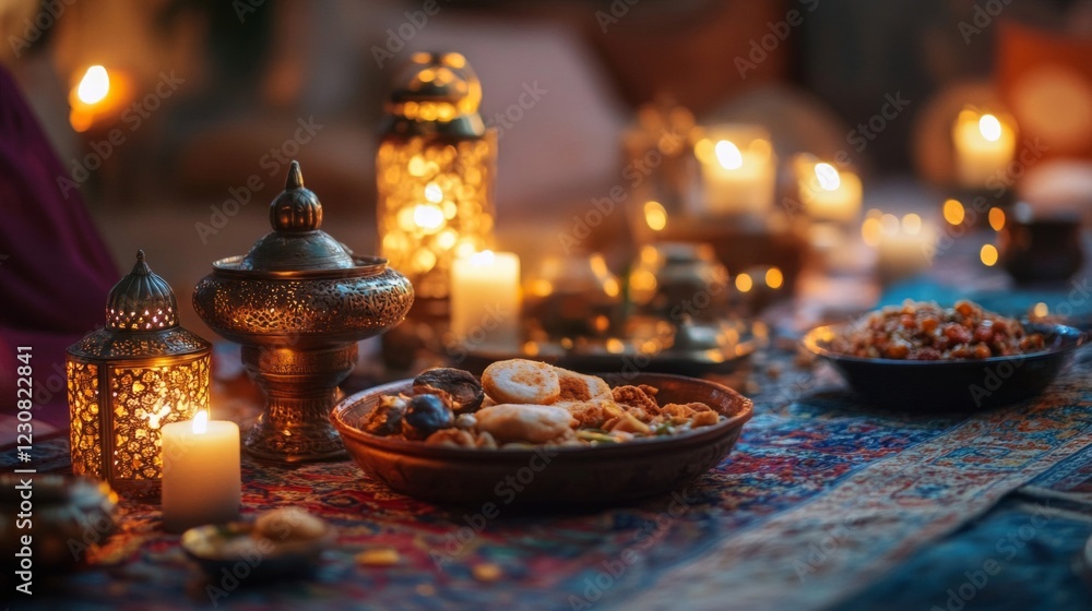 Naklejka premium Warm Candlelit Dinner Table Setting with Metal Lanterns and Delicious Food
