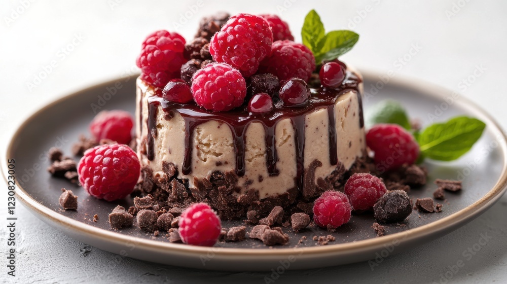 Delicious chocolate raspberry cheesecake on a plate, garnished with fresh raspberries and mint Delicious chocolate raspberry cheesecake on a plate, garnished with fresh raspberries and mint