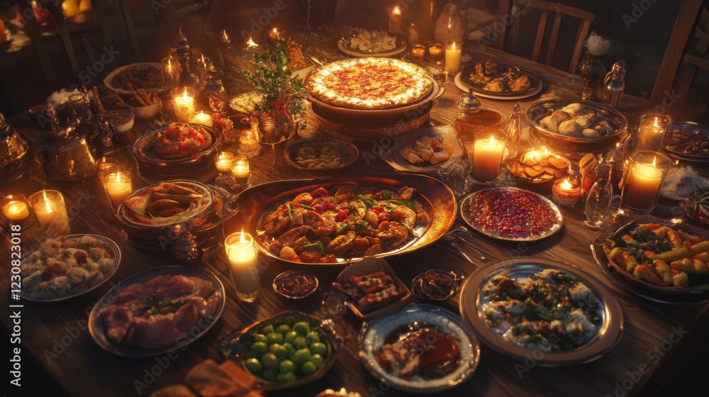 Warm Candlelit Festive Feast on Rustic Wooden Table Warm Candlelit Festive Feast on Rustic Wooden Table