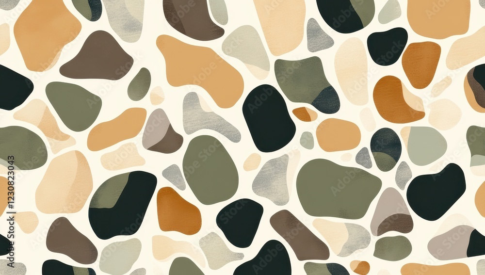 A pattern with organic shapes in earthy tones, creating an abstract and calming design. The background is filled with various shades of brown, green, beige, gray, and black to give it depth and textur A pattern with organic shapes in earthy tones, creating an abstract and calming design. The background is filled with various shades of brown, green, beige, gray, and black to give it depth and textur