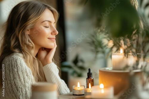 Woman relaxing with candles and essential oils