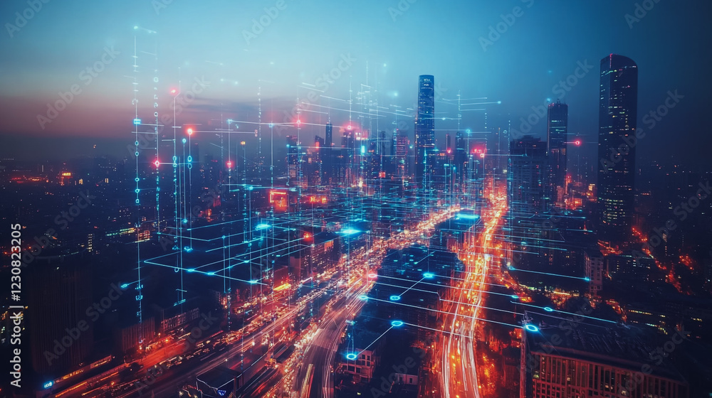 Fototapeta premium Abstract business man stands on Smart digital Innovation city with connection network reciprocity over the twilight cityscape. of future wireless digital city and social media networking systems