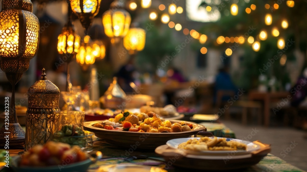 Fototapeta premium Warm Evening Dinner Feast Under String Lights