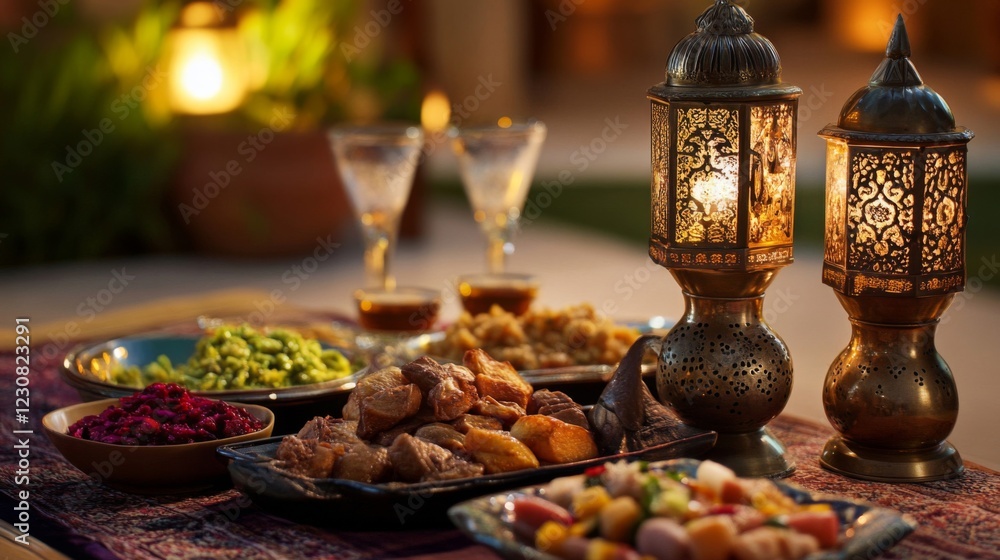 Fototapeta premium Warm Evening Dinner Setting with Metal Lanterns and Delicious Food