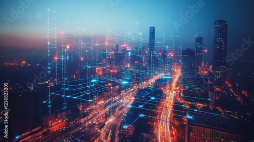 Wallpaper Mural  Abstract business man stands on Smart digital Innovation city with connection network reciprocity over the twilight cityscape. of future wireless digital city and social media networking systems Torontodigital.ca