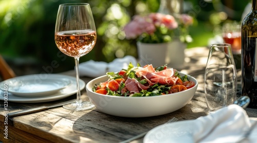 outdoor dining table with two plates, one bowl filled with salad and prosciutto, a glass of wine on the side, and empty white dinnerware placed next to it. 