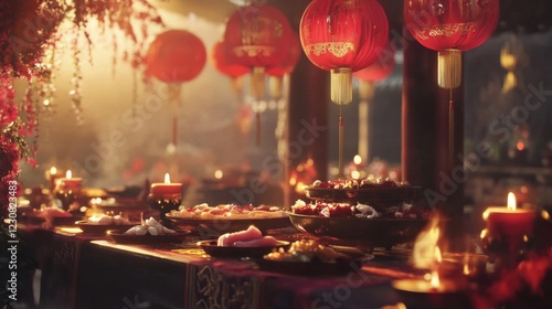 Warm Golden Light Illuminates Festive Asian Table Setting with Red Lanterns and Incense