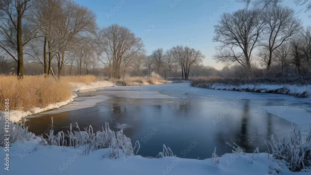 Serene winter river landscape with snowcovered banks and frosty trees Serene winter river landscape with snowcovered banks and frosty trees