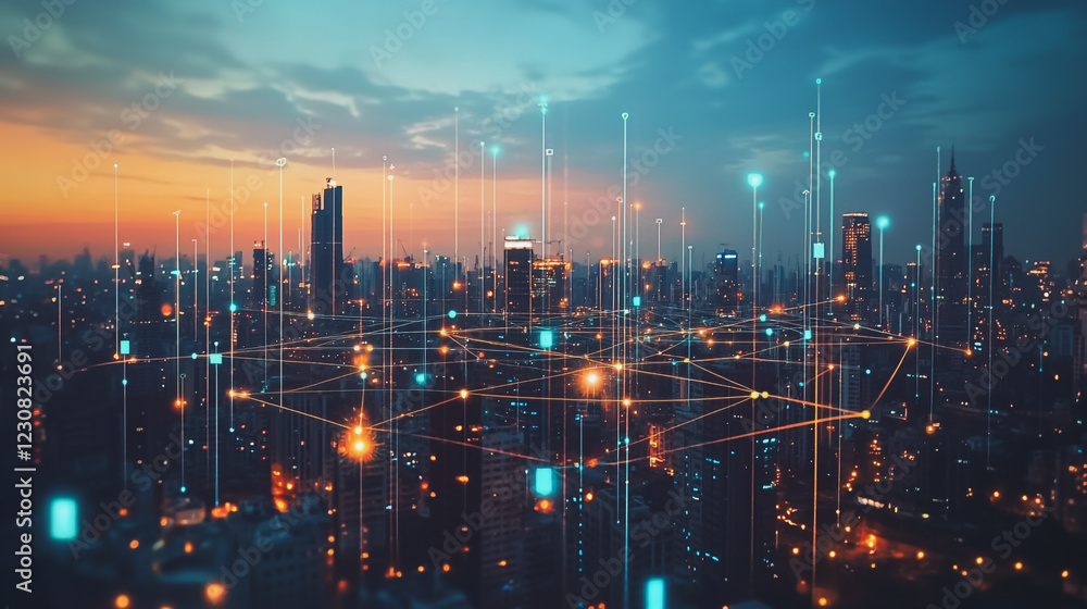 Naklejka premium Abstract business man stands on Smart digital Innovation city with connection network reciprocity over the twilight cityscape. of future wireless digital city and social media networking systems