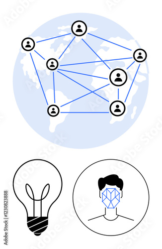 World map with interconnected profile icons, a glowing lightbulb symbolizing innovation, and a face with facial recognition pattern. Ideal for AI, technology, innovation, collaboration, global