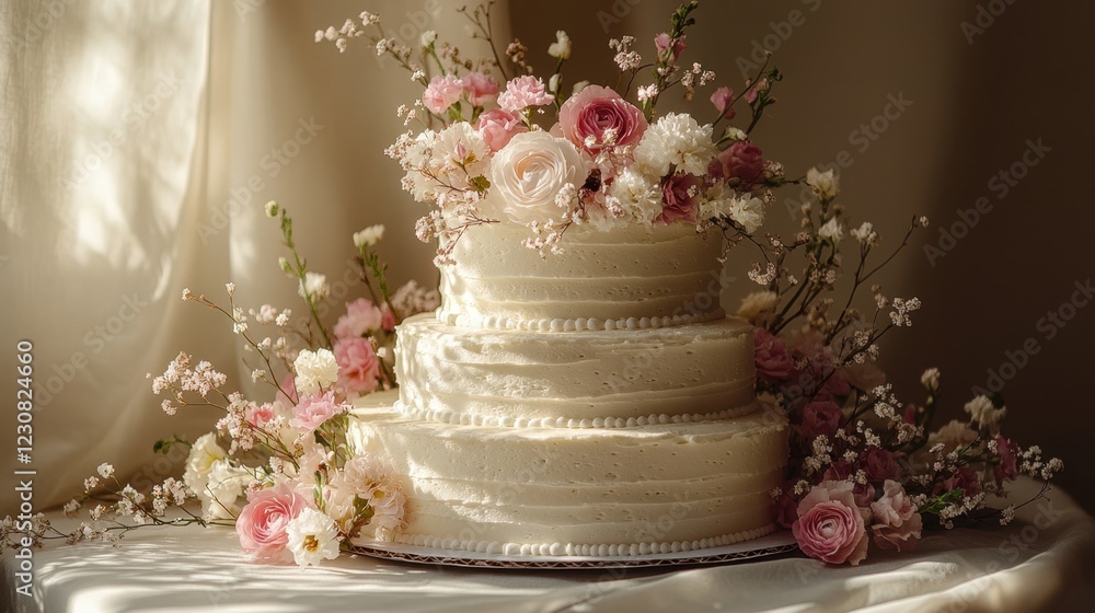 elegant white wedding cake, minimalistic with soft flowers, soft lighting highlighting intricate details elegant white wedding cake, minimalistic with soft flowers, soft lighting highlighting intricate details