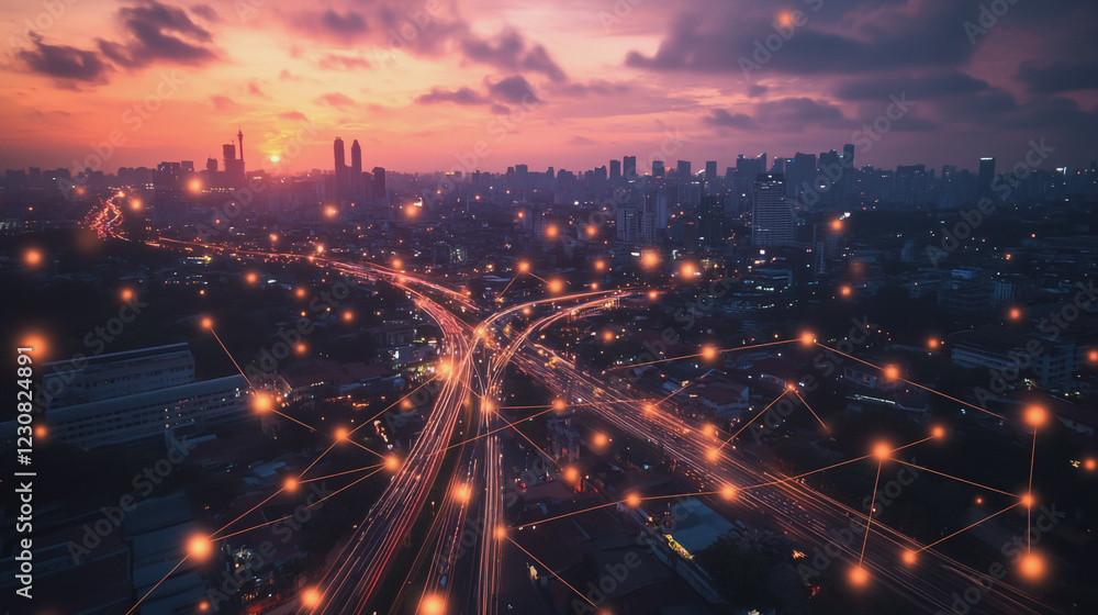 Fototapeta premium Abstract business man stands on Smart digital Innovation city with connection network reciprocity over the twilight cityscape. of future wireless digital city and social media networking systems