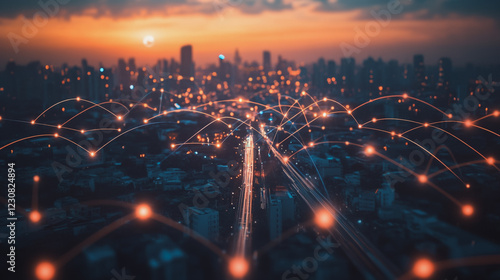  Abstract business man stands on Smart digital Innovation city with connection network reciprocity over the twilight cityscape. of future wireless digital city and social media networking systems