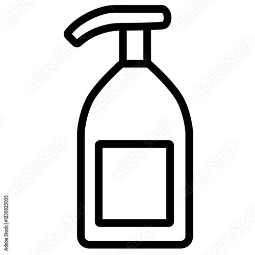 Pump dispenser bottle icon with a rectangular front label.  advertisements, UI elements, retail packaging. Wellness. Simplicity. The essence of modern hygiene, care. Enhancing daily hygiene routines

