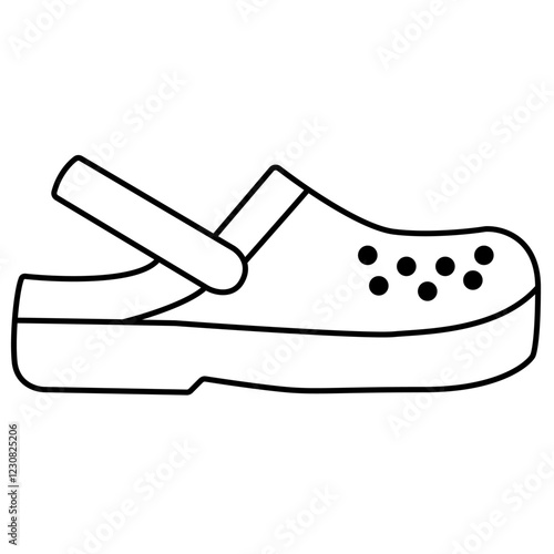slippers with ventilation holes and adjustable strap icon. Footwear logo, casual summer wear, outdoor brand identity. Closed-toe crocs with open heel and ventilation holes icon. Comfort fo





