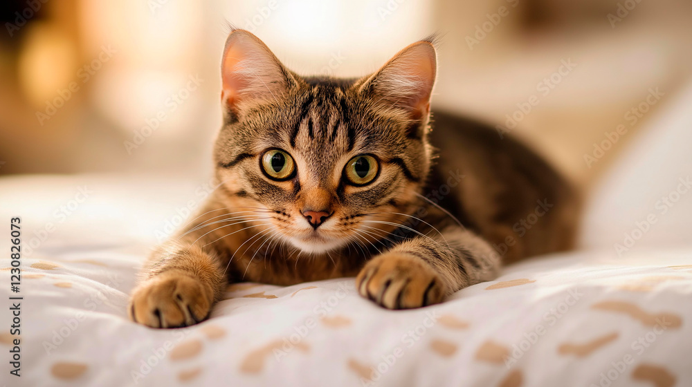 Cute tabby cat relaxing on bed, enjoying domestic comfort Cute tabby cat relaxing on bed, enjoying domestic comfort
