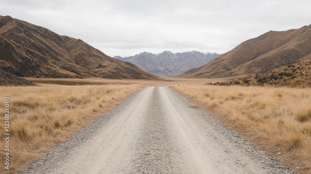 Gravel road leading to distant mountains in a dry, grassy valley. Gravel road leading to distant mountains in a dry, grassy valley.