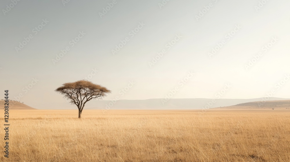 Obraz premium Lone acacia tree in vast, dry savanna landscape under a pale sky.