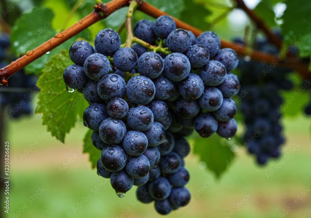 A bunch of black grapes on a vine branch, highlighting their deep hue and the organic beauty of the vine A bunch of black grapes on a vine branch, highlighting their deep hue and the organic beauty of the vine
