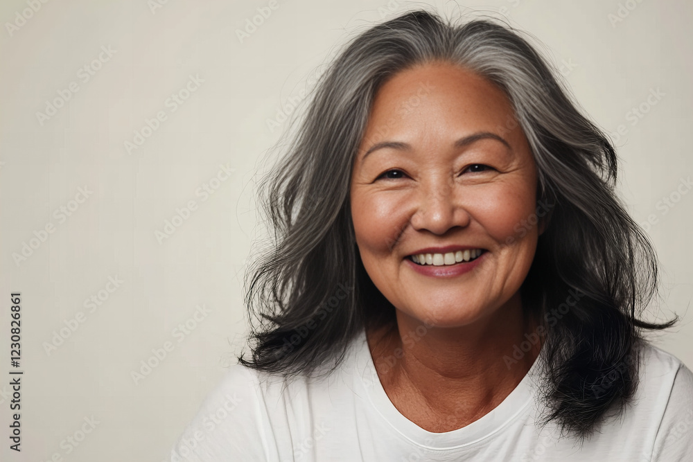 Elegant Senior Asian Woman with Graceful Gray Hair in a White T-Shirt, Capturing Timeless Beauty and Confidence in Minimalist Style on a Neutral Background Elegant Senior Asian Woman with Graceful Gray Hair in a White T-Shirt, Capturing Timeless Beauty and Confidence in Minimalist Style on a Neutral Background