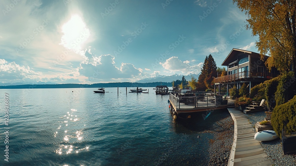 Scenic Lakefront Property with Boats, Deck, and Mountain Views on a Sunny Day