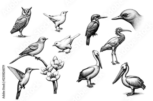 Colección de ilustraciones de aves en estilo grabado

