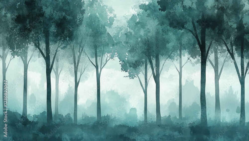 Fototapeta premium A serene forest scene in teal and gray, with trees silhouetted against the backdrop of misty morning light.