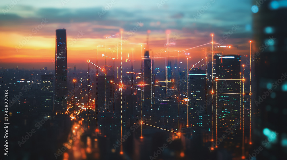 Fototapeta premium Abstract business man stands on Smart digital Innovation city with connection network reciprocity over the twilight cityscape. of future wireless digital city and social media networking systems
