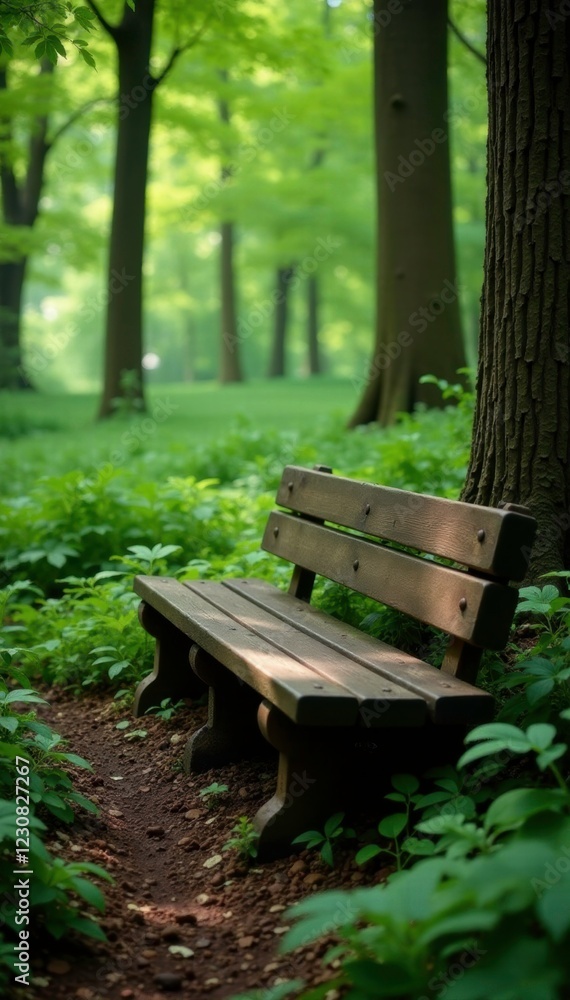 Naklejka premium Wooden bench nestled among leafy greenery, serene forest surroundings, solitude, gentle atmosphere