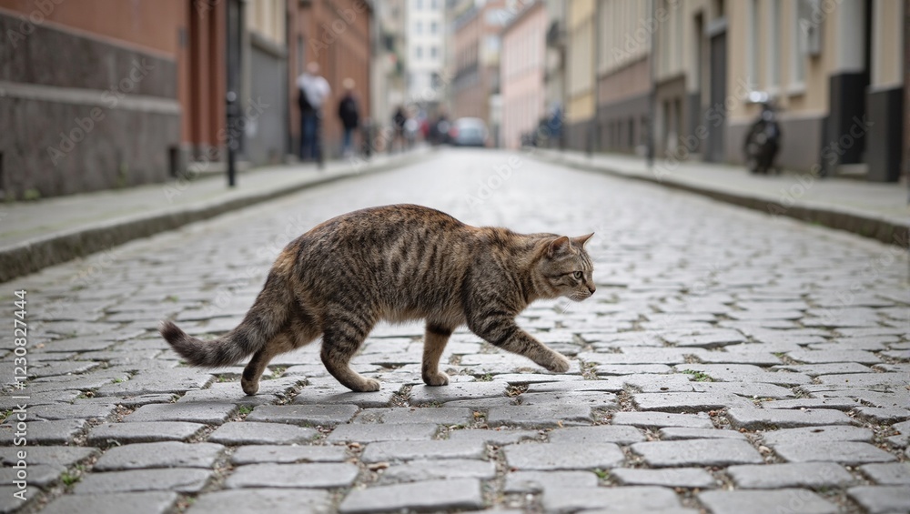 Obraz premium Majestic cat strolling on cobblestone road