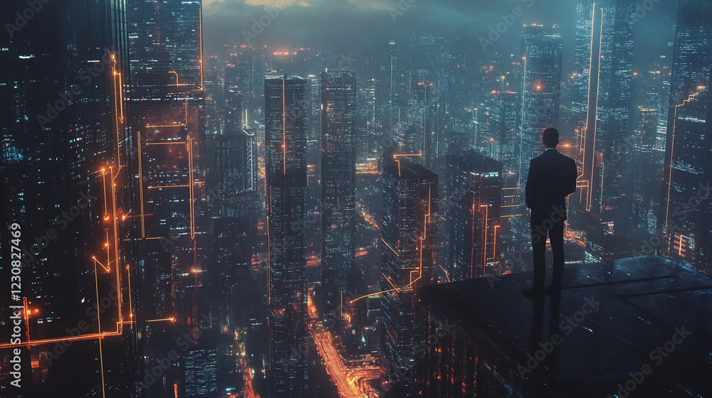 Fototapeta premium Abstract business man stands on Smart digital Innovation city with connection network reciprocity over the twilight cityscape. of future wireless digital city and social media networking systems