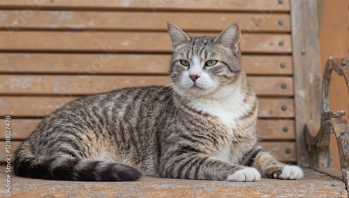Wallpaper Mural Adorable cat relaxing on rustic bench Torontodigital.ca