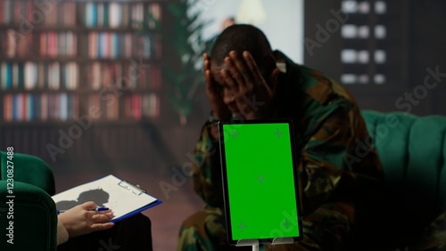 Counseling session for a army war soldier with isolated copy space display, showcasing therapy support for PTSD and reintegration into society. Armed forces soldier with flashbacks. Camera B. photo