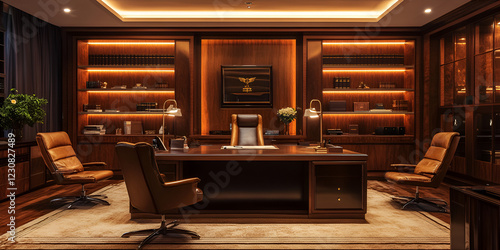 Large Executive Desk with Leather Chairs and Modern Office Decor photo