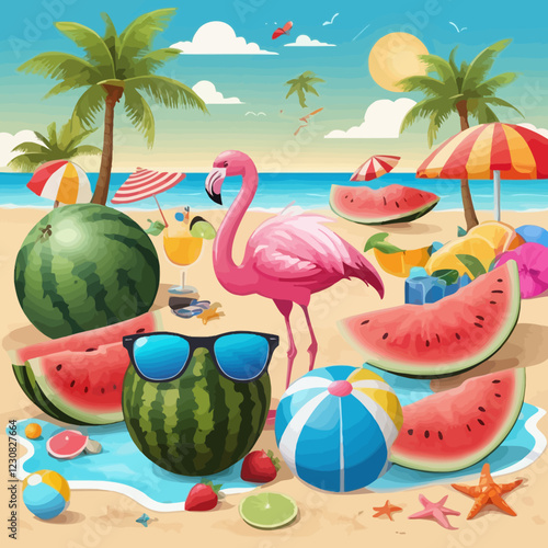 A colorful summer holiday poster with a pink background. The poster features a variety of summer-themed items such as sunglasses, a crab, a flamingo, a watermelon, and a beach ball