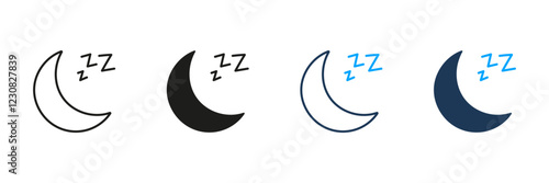 Crescent Moon with ZZZ Line and Silhouette Icon Set. Nighttime Sleep Symbol. Peaceful Night Rest. Editable Stroke. Isolated Vector Illustration
