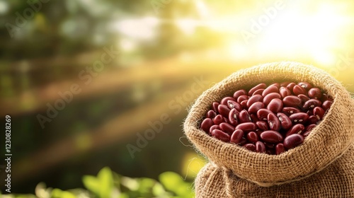 Elegant composition of kidney beans in a jute sack, sunlight streaming onto the scene, vintage illustration, soft pastel palette photo