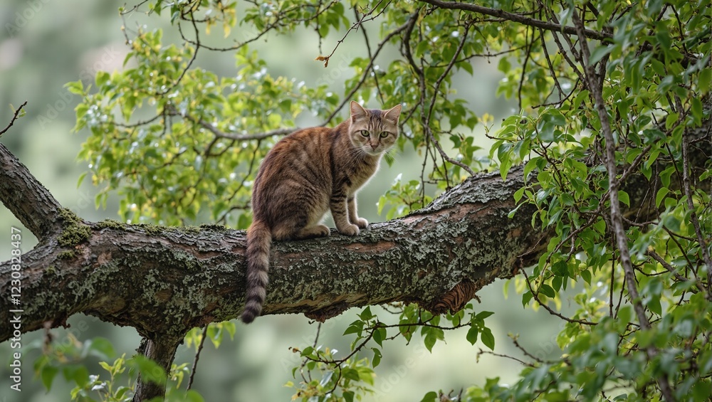 Tabby cat resting on a lush green tree branch Tabby cat resting on a lush green tree branch
