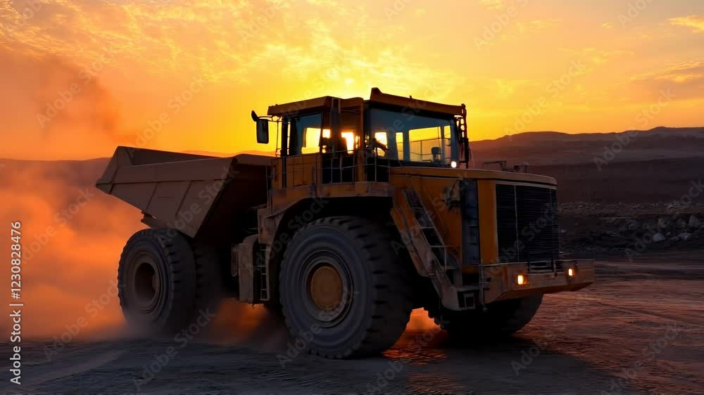 Heavy machinery operates at sunset in a construction site creating a dusty landscape Heavy machinery operates at sunset in a construction site creating a dusty landscape