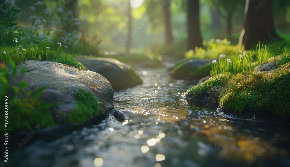 A small stream in the forest, mossy rocks and green grass on both sides of the river, close-up, golden hour, cinematic, low camera angle, depth of field, bokeh A small stream in the forest, mossy rocks and green grass on both sides of the river, close-up, golden hour, cinematic, low camera angle, depth of field, bokeh
