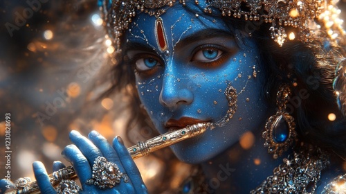 Enigmatic Blue Hindu Deity Playing Flute. Generative AI photo