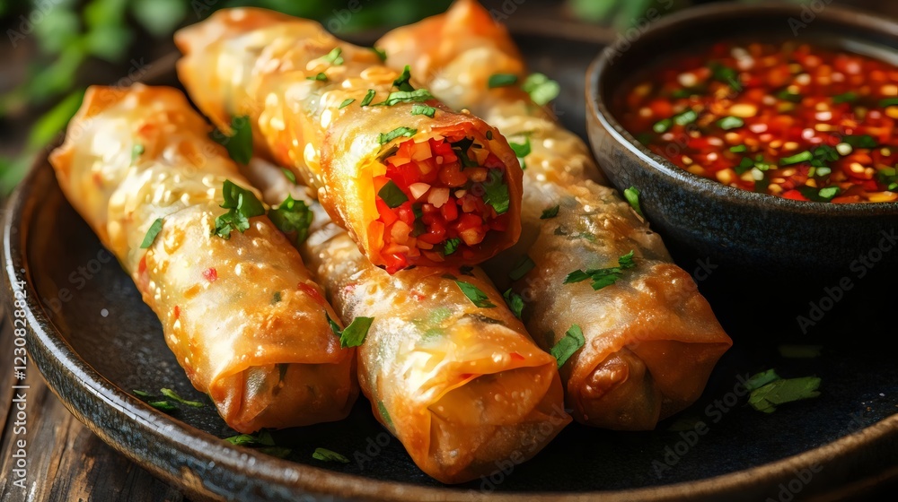A plate of food with four dumplings and a dipping sauce A plate of food with four dumplings and a dipping sauce