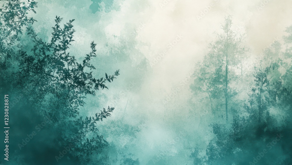 A soft, dreamy watercolor background with trees in shades of teal and gray, creating an ethereal atmosphere for a tranquil wallpaper design A soft, dreamy watercolor background with trees in shades of teal and gray, creating an ethereal atmosphere for a tranquil wallpaper design