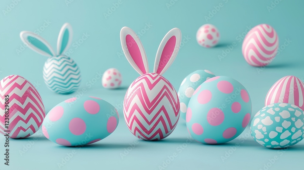 Close-up of colorful Easter eggs with bold patterns and bunny ears, styled in vibrant pop art tones on a bright background Close-up of colorful Easter eggs with bold patterns and bunny ears, styled in vibrant pop art tones on a bright background