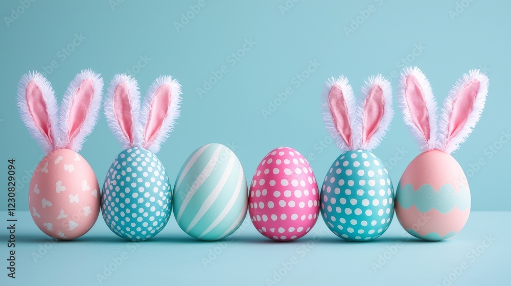 Close-up of colorful Easter eggs with bold patterns and bunny ears, styled in vibrant pop art tones on a bright background Close-up of colorful Easter eggs with bold patterns and bunny ears, styled in vibrant pop art tones on a bright background
