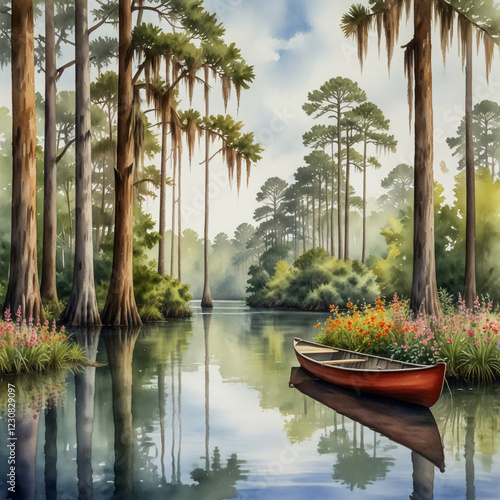 watercolor illustration of Moncks Corner, South Carolina, showcasing the serene beauty of Cypress Gardens.  photo