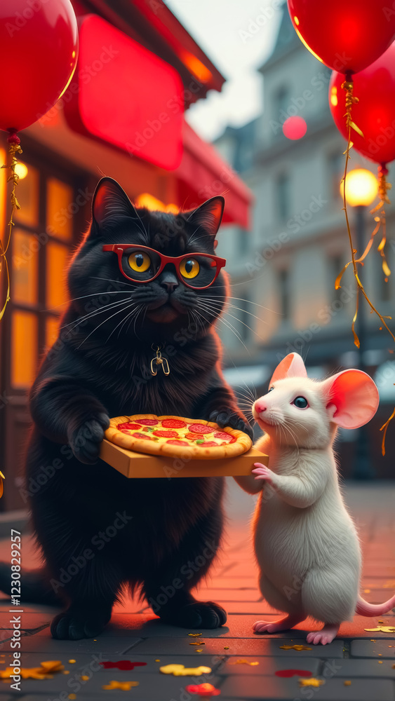 Fototapeta premium cute black cat in red glasses and white mouse holding pizza box against pizzeria background